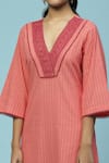 Shop_Aarke Ritu Kumar_Pink Cotton Slub 20s Printed Striped V Neck Zinnia Kurta Pant Set _Online_at_Aza_Fashions