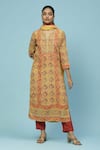 Aarke Ritu Kumar_Yellow Cotton Voile Printed Floral Jaal Notched Vamika Kurta Pant Set _Online_at_Aza_Fashions