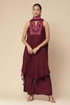 Buy_Ritu Kumar, Ri.Ritu Kumar, aarke Ritu Kumar_Wine Cotton, Rayon Embroidery, Tassels Split Audrey Yoke Kurta Palazzo Set_at_Aza_Fashions