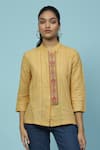 Aarke Ritu Kumar_Yellow Yarn Dyed Placement Embroidery Floral Stand Shagufta Top _Online_at_Aza_Fashions