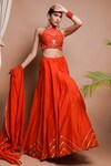 Buy_Ahi Clothing_Orange Chanderi Silk Embroidery Synodic Chevron Wave Embellished Lehenga Set
