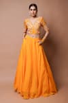 Buy_Ahi Clothing_Yellow Heavy Organza Embroidery Zardosi V Neck Bloom Vine Blouse With Lehenga_at_Aza_Fashions
