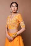 Shop_Ahi Clothing_Yellow Heavy Organza Embroidery Zardosi V Neck Bloom Vine Blouse With Lehenga_Online_at_Aza_Fashions