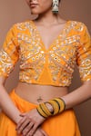 Ahi Clothing_Yellow Heavy Organza Embroidery Zardosi V Neck Bloom Vine Blouse With Lehenga_at_Aza_Fashions