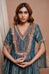 Ahi Clothing_Blue Tissue Silk Embroidery Zardozi V Neck Floret Motif Anarkali Palazzo Set_Online_at_Aza_Fashions