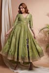 Shop_Ahi Clothing_Green Tissue Silk Embroidery Moti V Neck Floral Butti Angarkha Anarkali Set_Online_at_Aza_Fashions