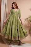 Shop_Ahi Clothing_Green Tissue Silk Embroidery Moti V Neck Floral Butti Angarkha Anarkali Set _Online_at_Aza_Fashions