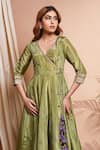Buy_Ahi Clothing_Green Tissue Silk Embroidery Moti V Neck Floral Butti Angarkha Anarkali Set