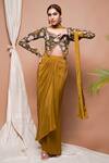 Buy_Ahi Clothing_Yellow Natural Crepe Embroidery Forest Blossom Print Blouse Draped Skirt Set_at_Aza_Fashions