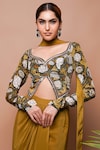 Ahi Clothing_Yellow Natural Crepe Embroidery Forest Blossom Print Blouse Draped Skirt Set_at_Aza_Fashions