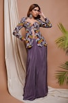 Buy_Ahi Clothing_Purple Natural Crepe Embroidery Foliage Blossom Print Coat With Draped Skirt_at_Aza_Fashions