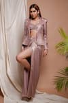 Buy_Ahi Clothing_Pink Imported Shimmer Lycra Solid Lapel Collar Coat Draped Slit Skirt Set_at_Aza_Fashions