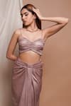 Ahi Clothing_Pink Imported Shimmer Lycra Solid Lapel Collar Coat Draped Slit Skirt Set_at_Aza_Fashions