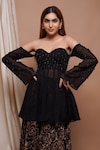 Shop_Ahi Clothing_Black Heavy Organza Bead Tassel Embellished Peplum Tunic With Rose Print Palazzo_Online_at_Aza_Fashions