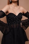 Ahi Clothing_Black Heavy Organza Bead Tassel Embellished Peplum Tunic With Rose Print Palazzo_at_Aza_Fashions