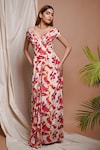 Ahi Clothing_Cream Heavy Crepe Print Ambrosia Off Shoulder Corset Draped Dress_Online_at_Aza_Fashions