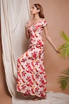 Buy_Ahi Clothing_Cream Heavy Crepe Print Ambrosia Off Shoulder Corset Draped Dress_Online_at_Aza_Fashions