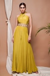 Buy_Ahi Clothing_Green Heavy Crepe Embroidery Cutdana Halter Neck Pleated Draped Jumpsuit _at_Aza_Fashions