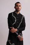 Countrymade_Black Chanderi Embroidered Thread Contour Line Kurta With Pant_Online_at_Aza_Fashions