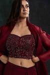 Buy_Shikha and Srishti Design_Maroon Crepe Embroidered Cutdana Sweetheart Jacket Skirt Set _Online_at_Aza_Fashions