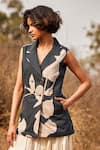 Buy_Kharakapas_Black Cotton Mul Printed Floral Notched Lapel Monoch Waistcoat And Salwar Set _Online_at_Aza_Fashions