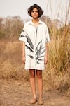 Buy_Kharakapas_Off White Cotton Mul Printed Leaf Collar Eclat Shirt Dress  _at_Aza_Fashions