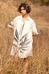 Buy_Kharakapas_Off White Cotton Mul Printed Leaf Collar Eclat Shirt Dress  _Online_at_Aza_Fashions