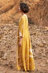 Kharakapas_Yellow Cotton Mul Printed Leaf V Neck Sahara Dress  _Online_at_Aza_Fashions