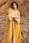 Buy_Kharakapas_Yellow Cotton Mul Printed Leaf V Neck Sahara Dress  _Online_at_Aza_Fashions