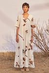 Kharakapas_Off White Cotton Mul Printed Abstract Bird V Neck Ghironi Jumpsuit  _Online_at_Aza_Fashions