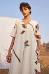 Shop_Kharakapas_Off White Cotton Mul Printed Abstract Bird V Neck Ghironi Jumpsuit  _Online_at_Aza_Fashions