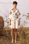 Buy_Kharakapas_Off White Cotton Mul Printed Abstract Bird Panchi Shirt Dress  _at_Aza_Fashions