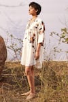 Kharakapas_Off White Cotton Mul Printed Abstract Bird Panchi Shirt Dress  _Online_at_Aza_Fashions