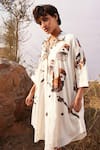 Buy_Kharakapas_Off White Cotton Mul Printed Abstract Bird Panchi Shirt Dress  _Online_at_Aza_Fashions