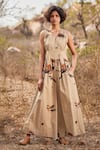 Buy_Kharakapas_Beige Poplin Printed Bird V Neck Mithi Jumpsuit  _at_Aza_Fashions