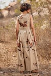 Shop_Kharakapas_Beige Poplin Printed Bird V Neck Mithi Jumpsuit  _at_Aza_Fashions