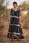 Buy_Kharakapas_Black Cotton Mul Shibori Leaf Neck Kala Shahad Pattern Dress _at_Aza_Fashions