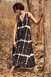 Kharakapas_Black Cotton Mul Shibori V Neck Forest Pattern Jumpsuit  _at_Aza_Fashions