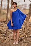 Kharakapas_Blue Cotton Plain Asymmetric Mojito One Shoulder Dress  _Online_at_Aza_Fashions