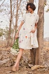 Buy_Kharakapas_Off White Cotton Mul Print Floral Closed Neck Hortensia Dress  _at_Aza_Fashions