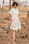 Kharakapas_Off White Cotton Mul Print Floral Closed Neck Hortensia Dress  _Online_at_Aza_Fashions