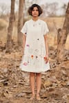 Buy_Kharakapas_Off White Cotton Mul Print Floral Closed Neck Hortensia Dress  _Online_at_Aza_Fashions