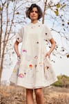 Kharakapas_Off White Cotton Mul Print Floral Closed Neck Hortensia Dress  _at_Aza_Fashions