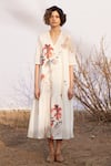 Buy_Kharakapas_Off White Cotton Mul Print Floral V Neck Surfinia Dress  _at_Aza_Fashions