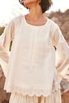 Shop_Kharakapas_Off White Cotton Mul Embroidery Geometric Lace Round Neck Shuchi Top  _Online_at_Aza_Fashions