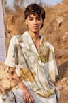 Shop_Kharakapas_Off White Cotton Mul Print Floral Shawl Lapel Verdure Shirt  _Online_at_Aza_Fashions