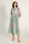 Buy_AROOP SHOP INDIA_Green Recycled Chiffon Printed Fern Floral Round Daria Gathered Dress _Online_at_Aza_Fashions