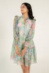 Buy_Aroop Shop India_Green Chiffon Round Neck Della Floral Fern Print Dress _at_Aza_Fashions