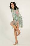 Buy_Aroop Shop India_Green Chiffon Round Neck Della Floral Fern Print Dress _Online_at_Aza_Fashions