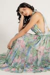 Aroop Shop India_Green Chiffon Halter Neck Beryl Backless Printed Ruffle Dress _at_Aza_Fashions